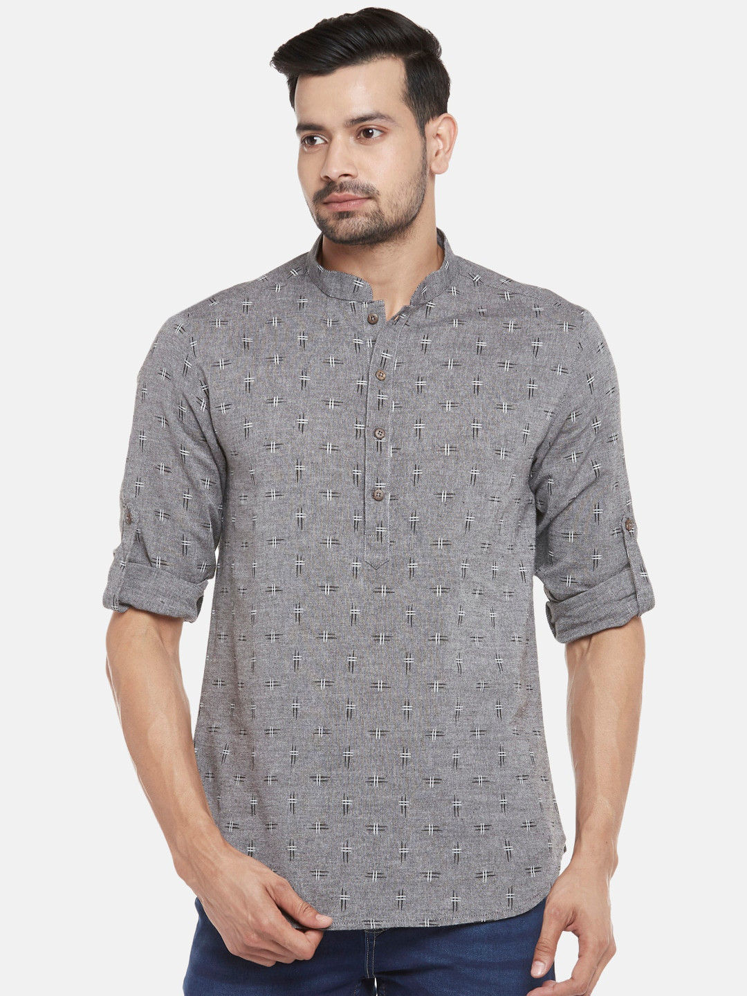 

Indus Route By Pantaloons Men Grey Geometric Printed Patchwork Kurta