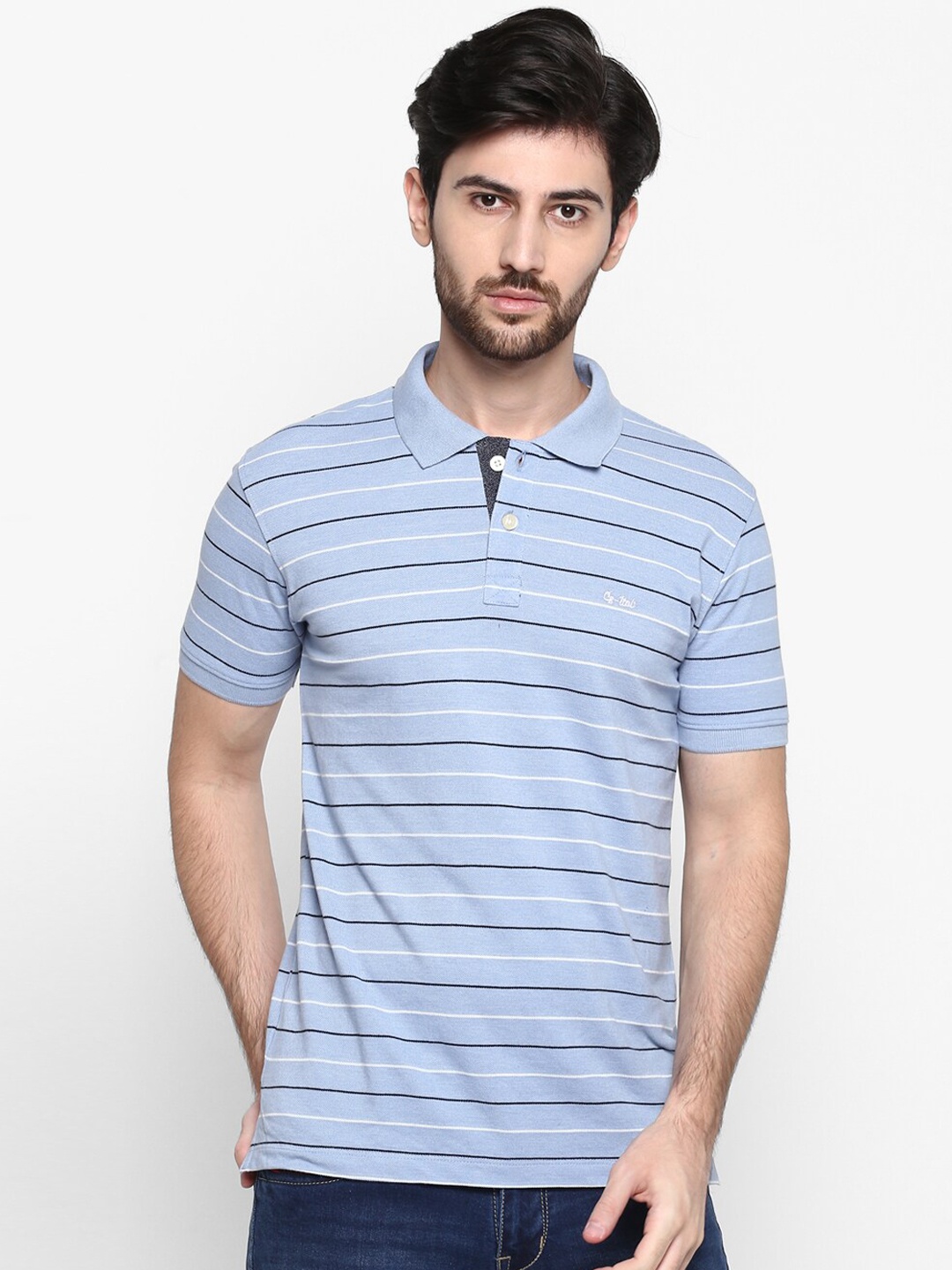 

Cantabil Men Blue Striped Polo Collar T-shirt