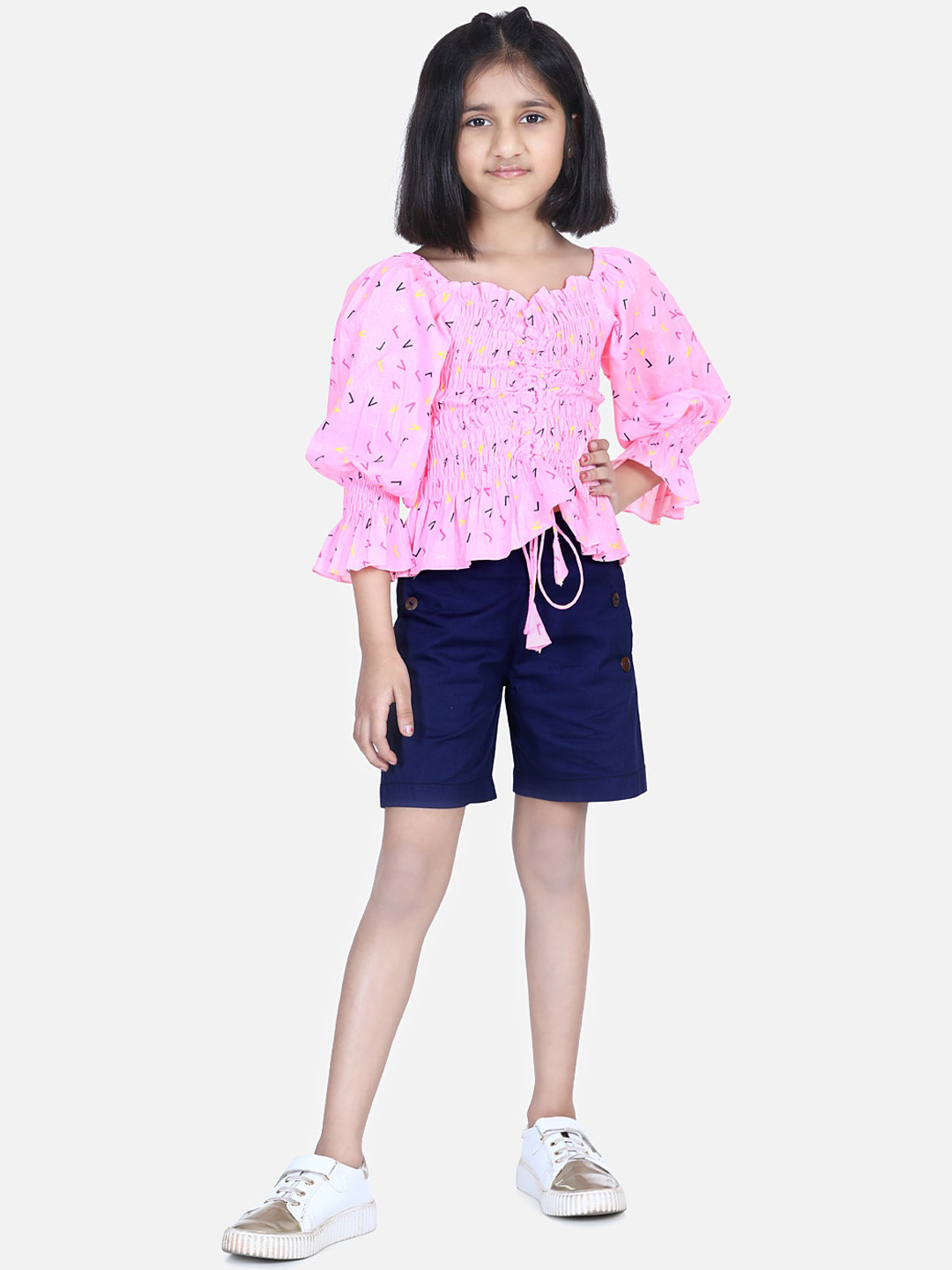 

LilPicks Girls Pink & Navy Blue Printed Smocking Top with Shorts