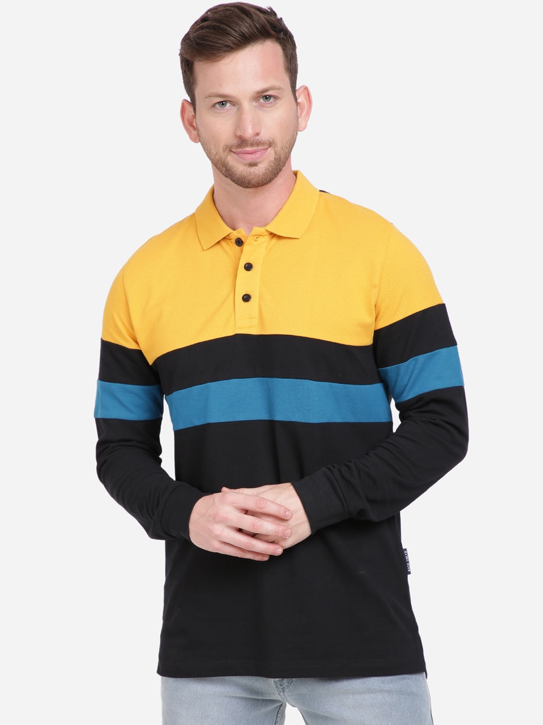 

MASH UNLIMITED Men Mustard Striped Polo Collar T-shirt