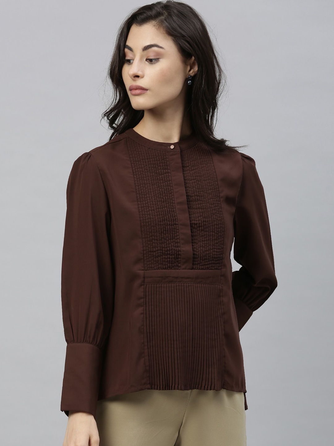 

Rareism Coffee Brown Mandarin Collar Shirt Style Top