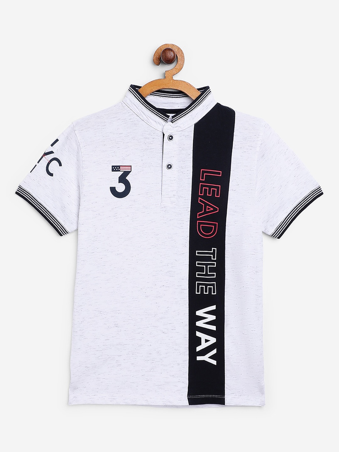

Octave Boys White & Navy Blue Printed Mandarin Collar T-shirt