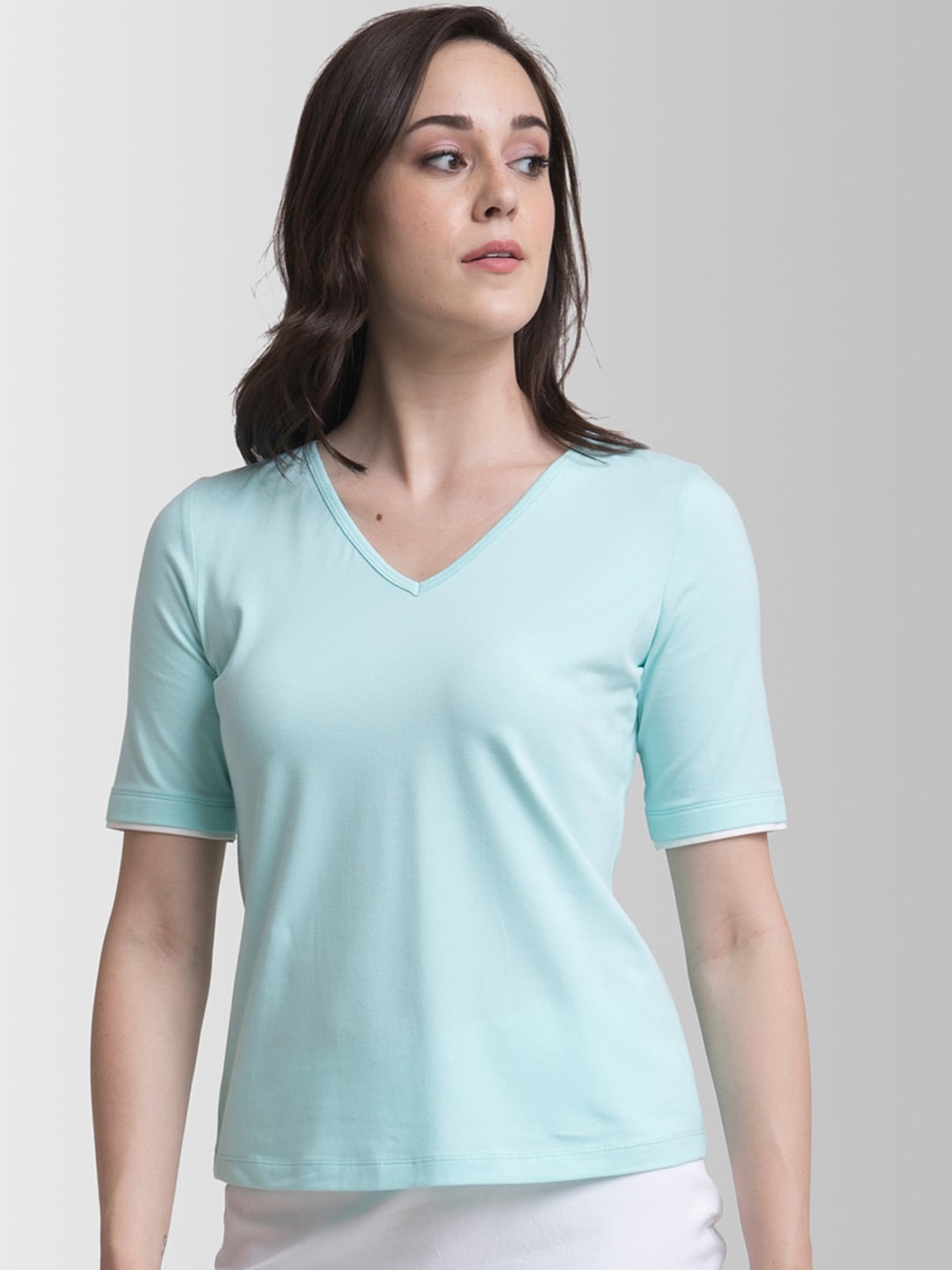 FableStreet Women Blue Solid V-Neck T-shirt