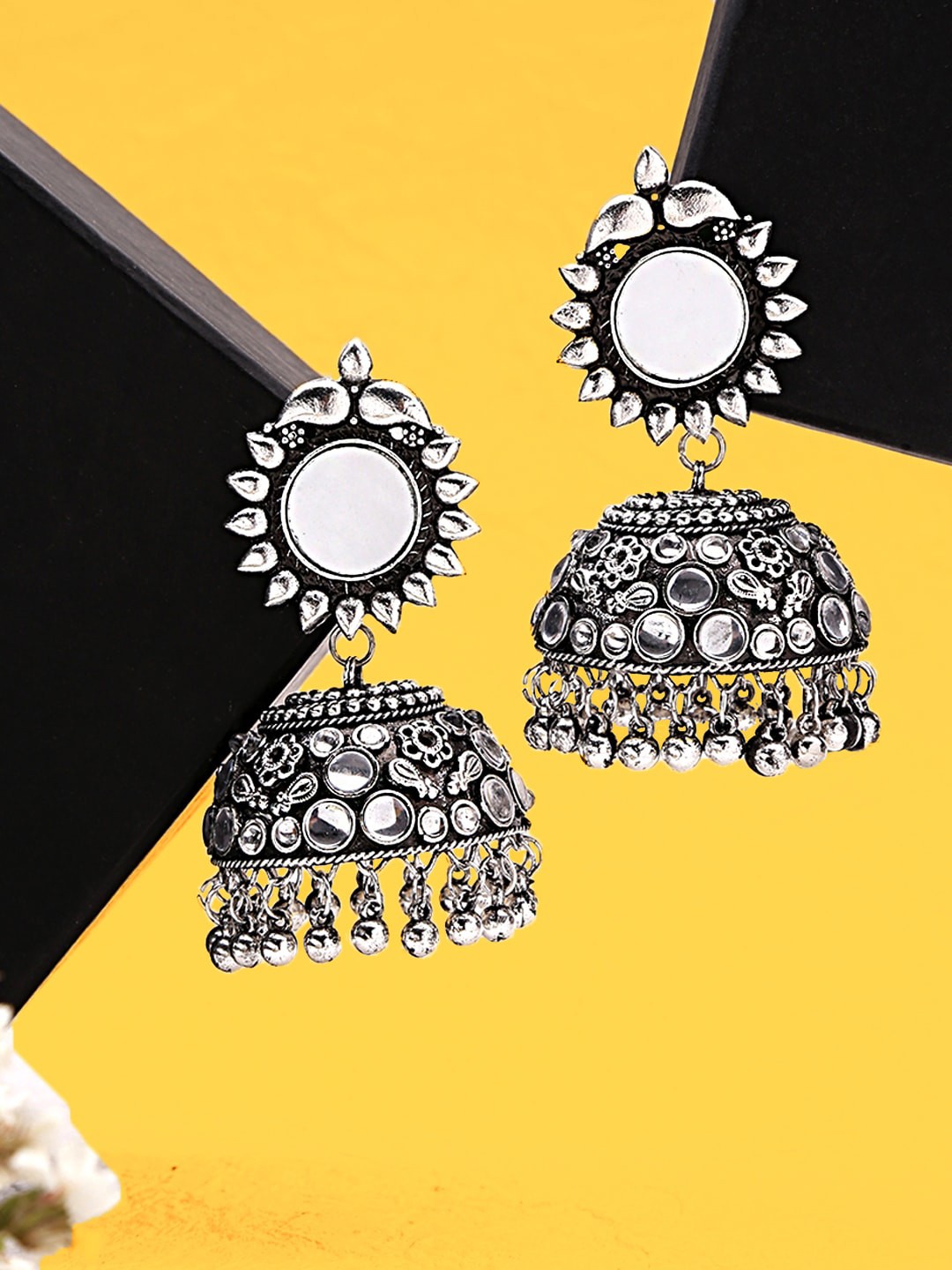 

Yellow Chimes Woman Silver-Oxidised Light Weight Mirror Worked Jhumka Earring
