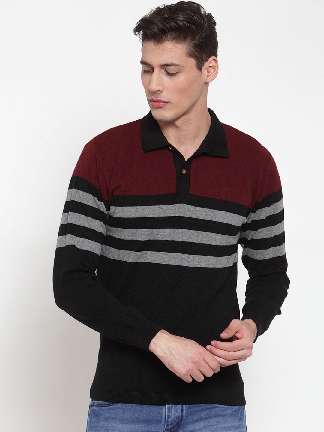 

Kalt Men Maroon & Grey Colourblocked Polo Collar T-shirt
