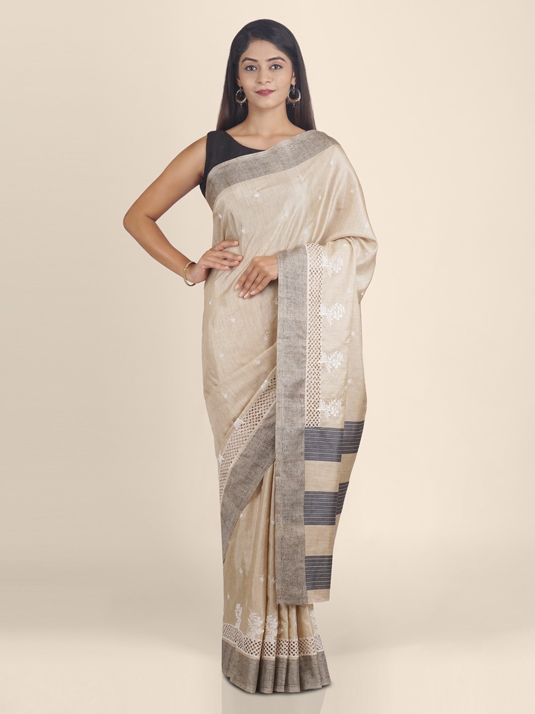 

KAJREE Cream-Coloured Printed Pure Linen Handloom Saree