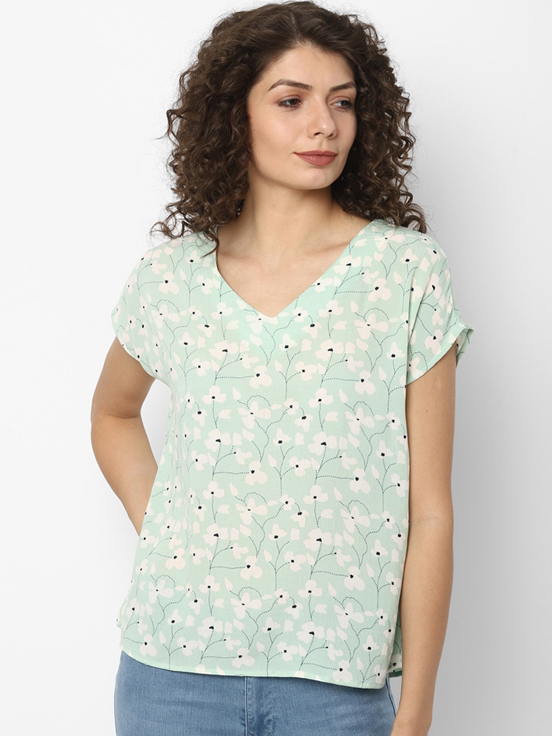 

Allen Solly Woman Sea Green & White Floral Printed Regular Top