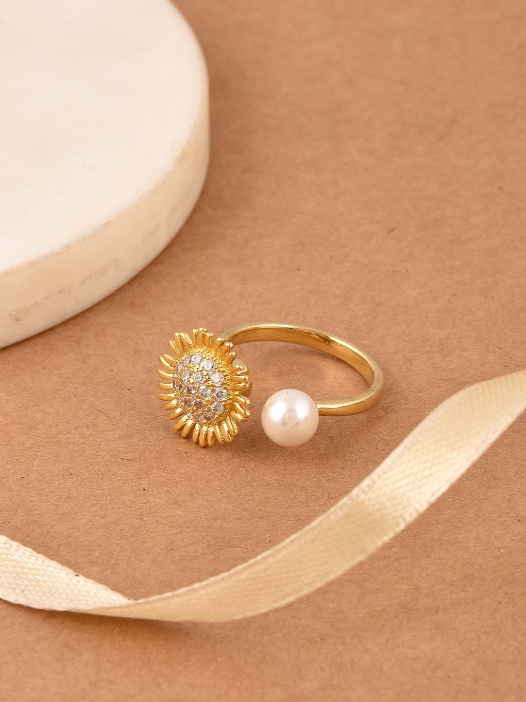 Tistabene Gold-Plated White Stone-Studded Beaded Sustainable Adjustable Finger Ring