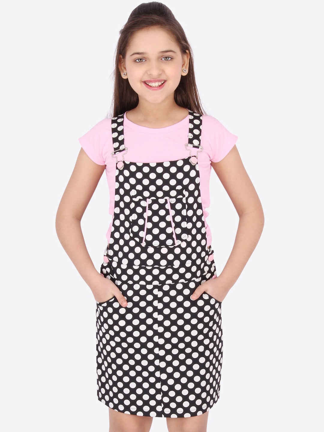 

CUTECUMBER Girls Pink & Black Polka Dot Printed Pinafore Dress