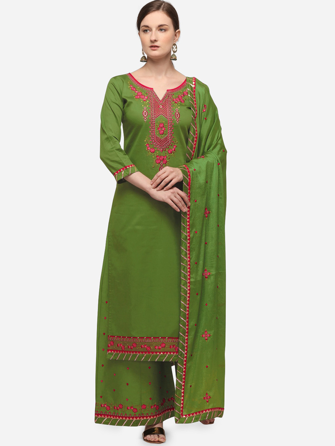

SheWill Green & Pink Silk Blend Unstitched Dress Material