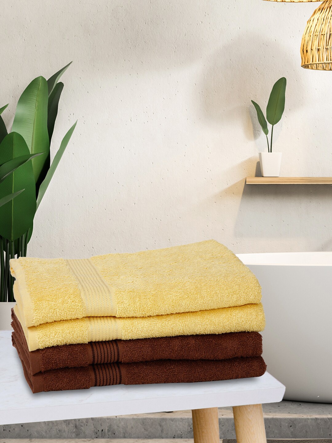 KOPA Set Of 4 Yellow & Brown Solid Super Absorbent 380 GSM Cotton Bath Towels