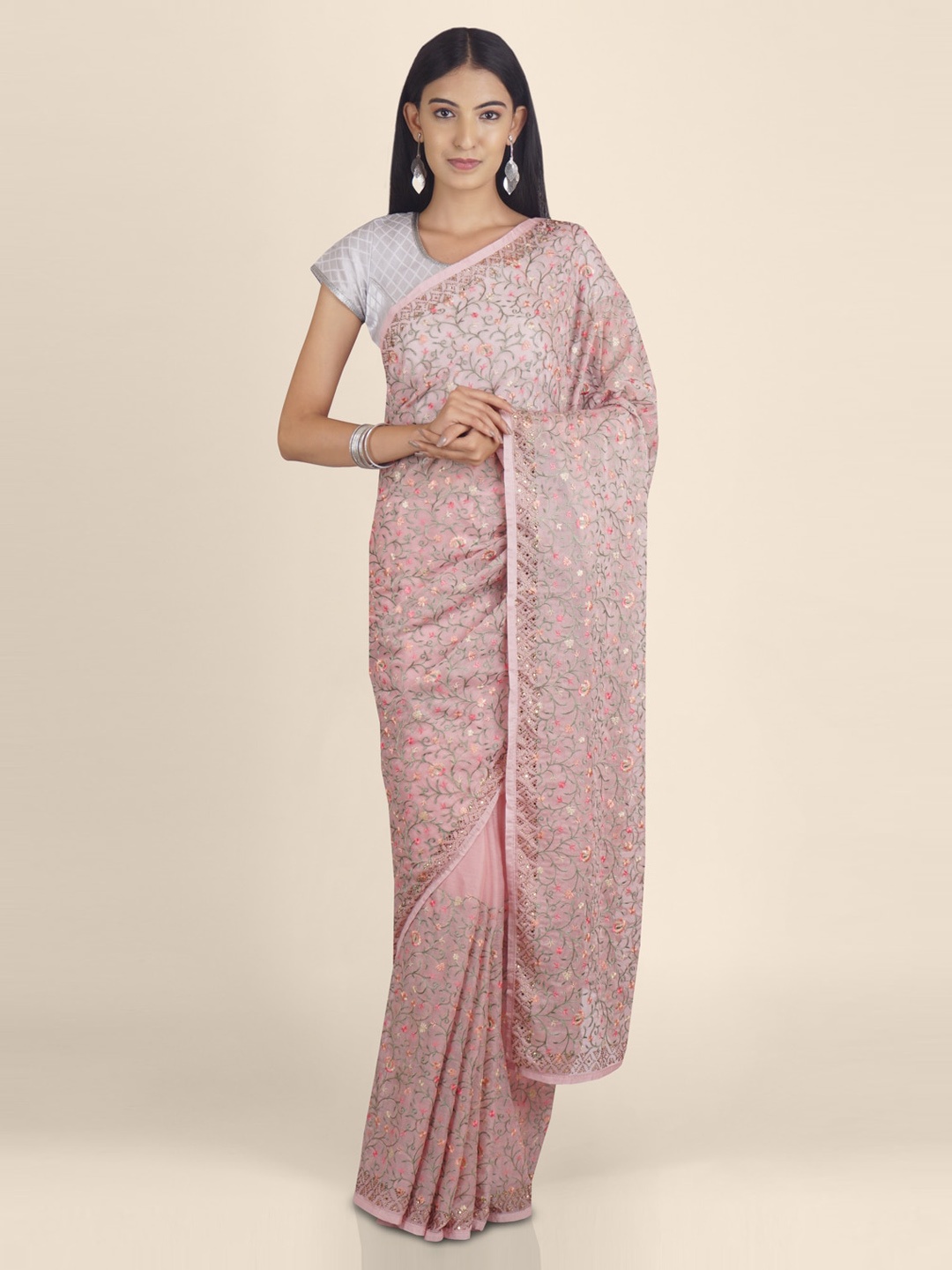 

KAJREE Pink Poly Chiffon Embroidered Baluchari Saree