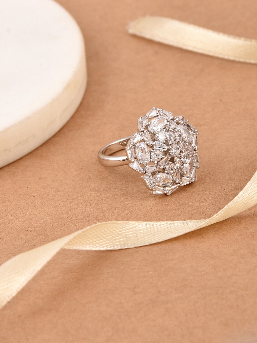 

Tistabene Rodium-Plated Silver-Toned & White Stone-Studded Cocktail Finger Ring