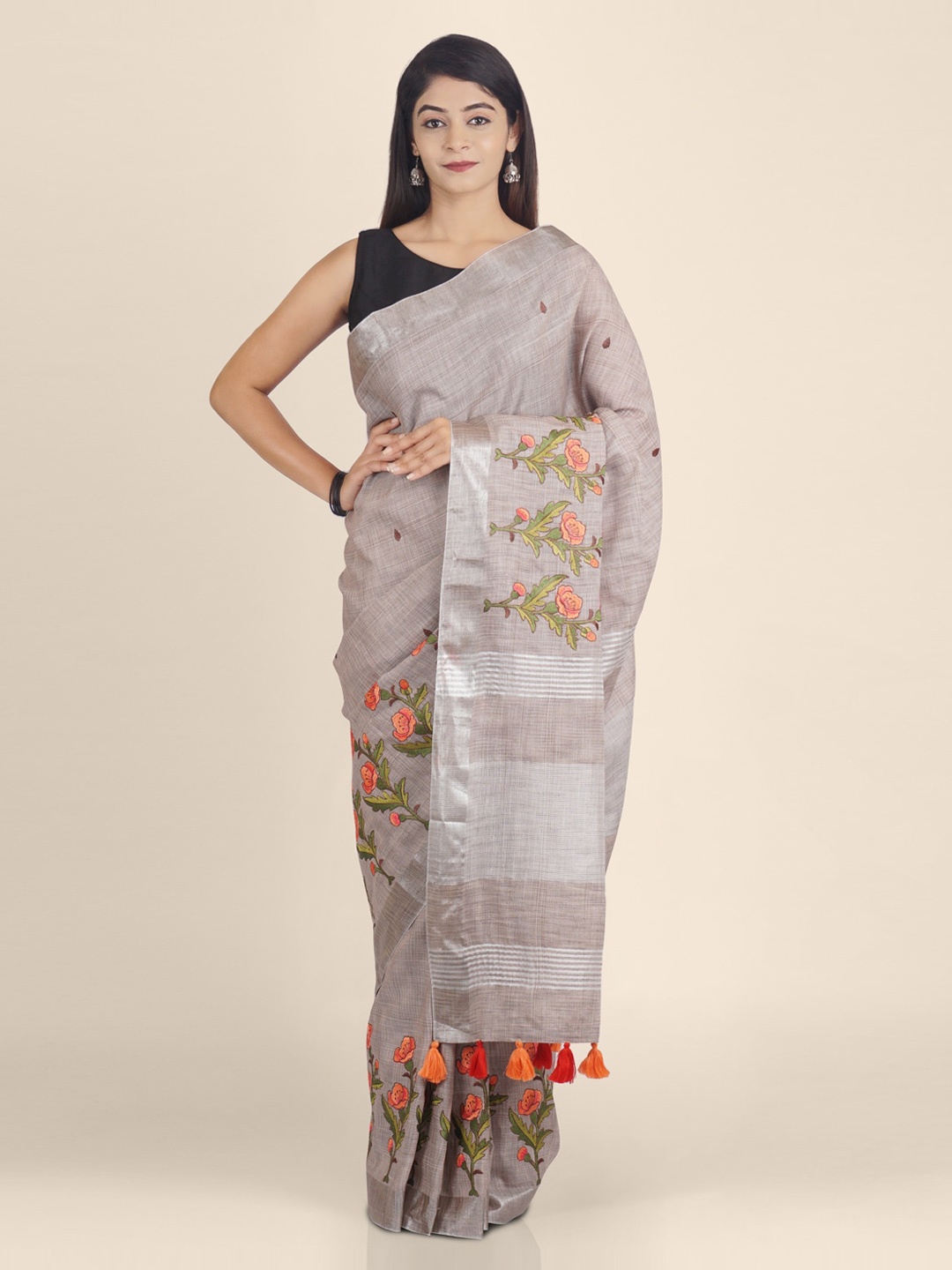 

KAJREE Grey Printed Pure Linen Saree