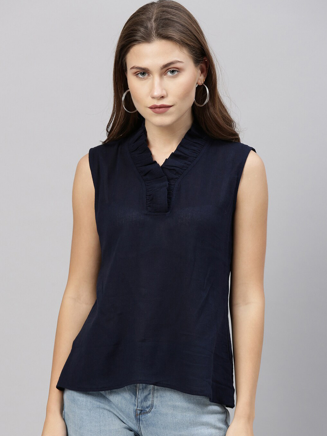 

Rareism Navy Blue Pure Cotton Solid Top