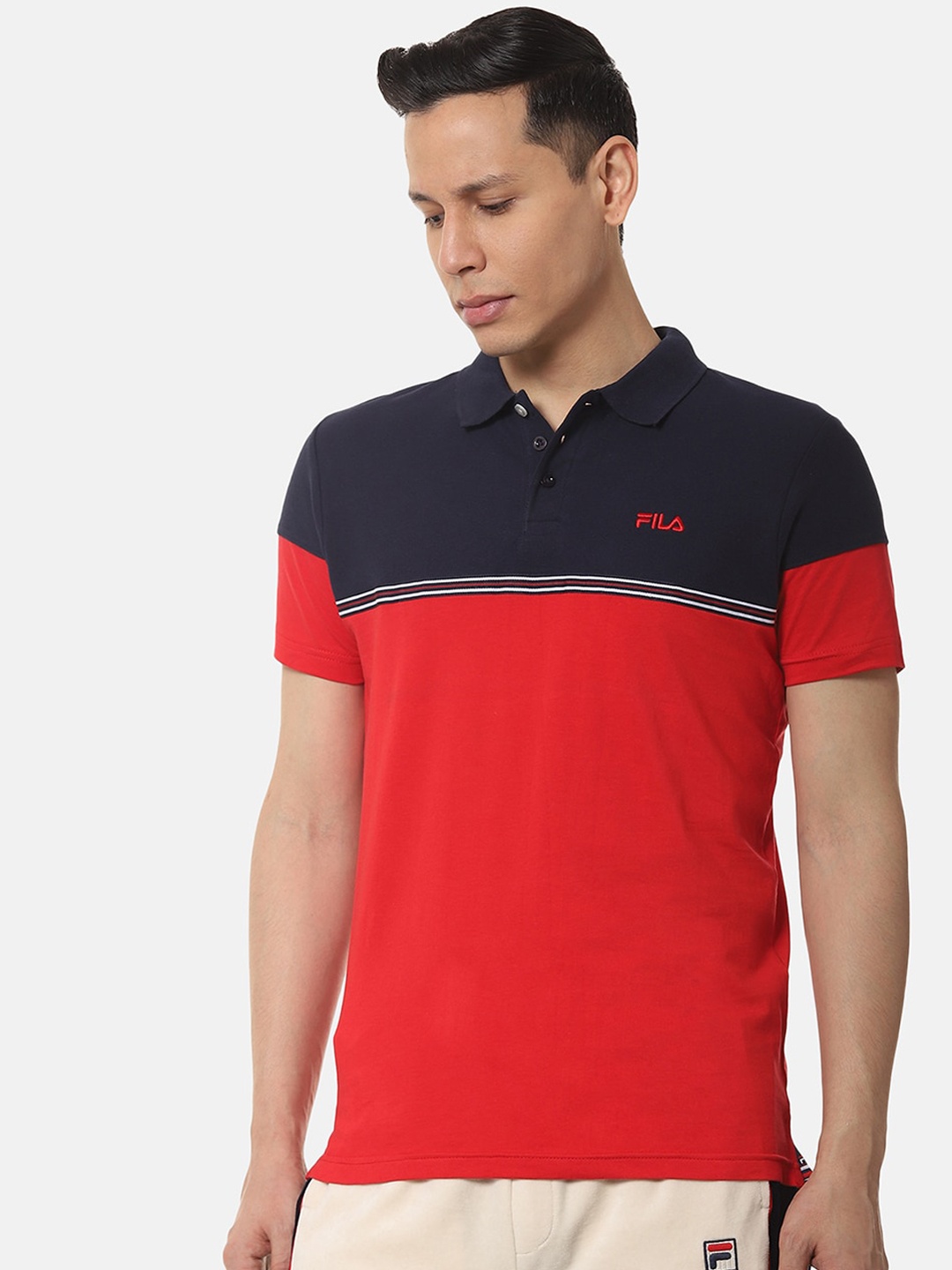 

FILA Men Red & Navy Blue Colourblocked Polo Collar T-shirt