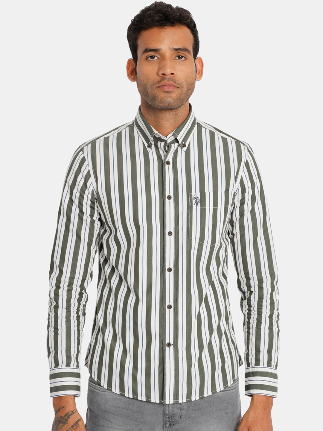 

U.S. Polo Assn. Men Green Regular Fit Striped Casual Shirt