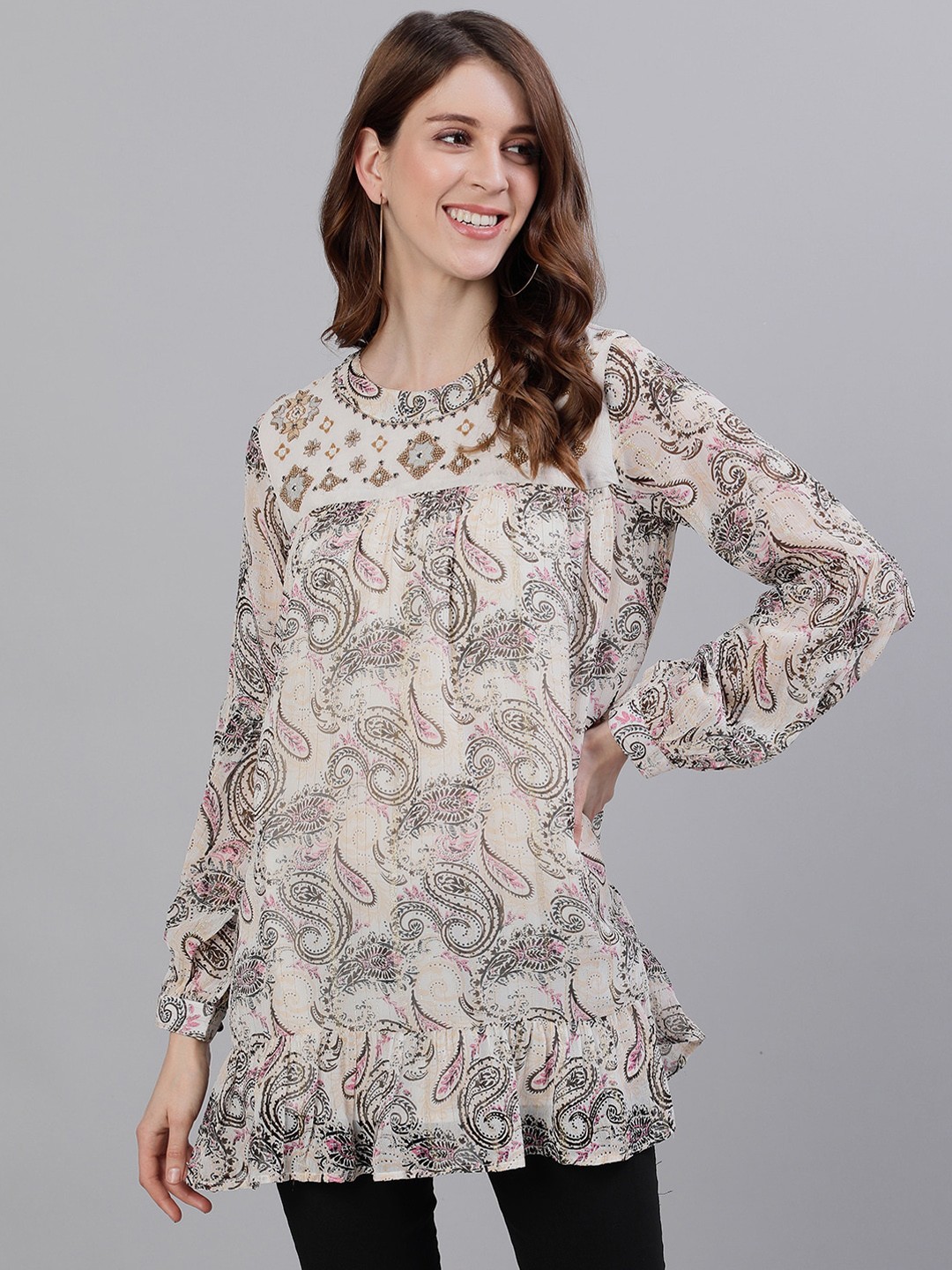 

Ishin Women Beige Embellished Printed A-line Longline Top