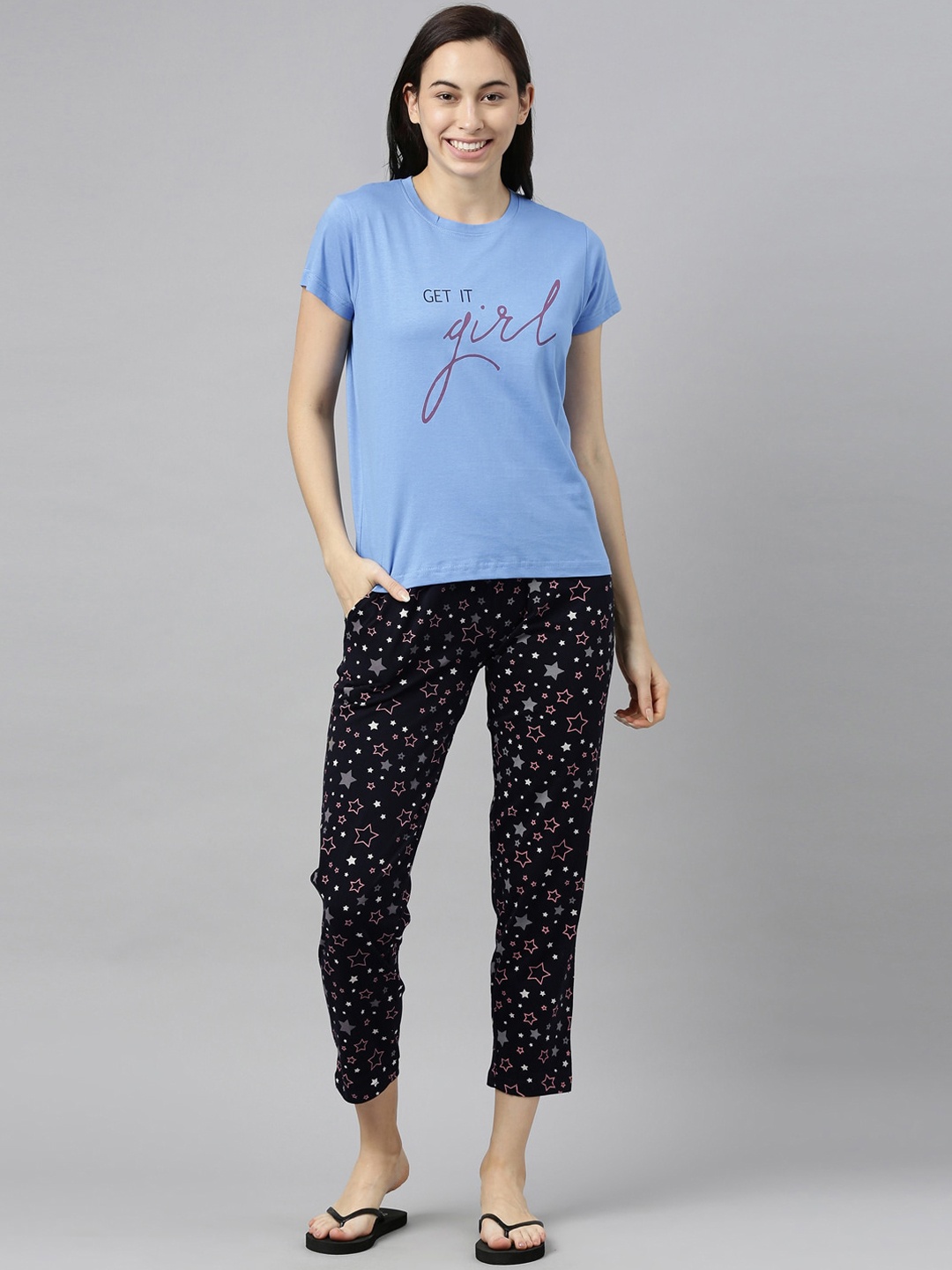 Kryptic Women Blue & Black Printed Night suit