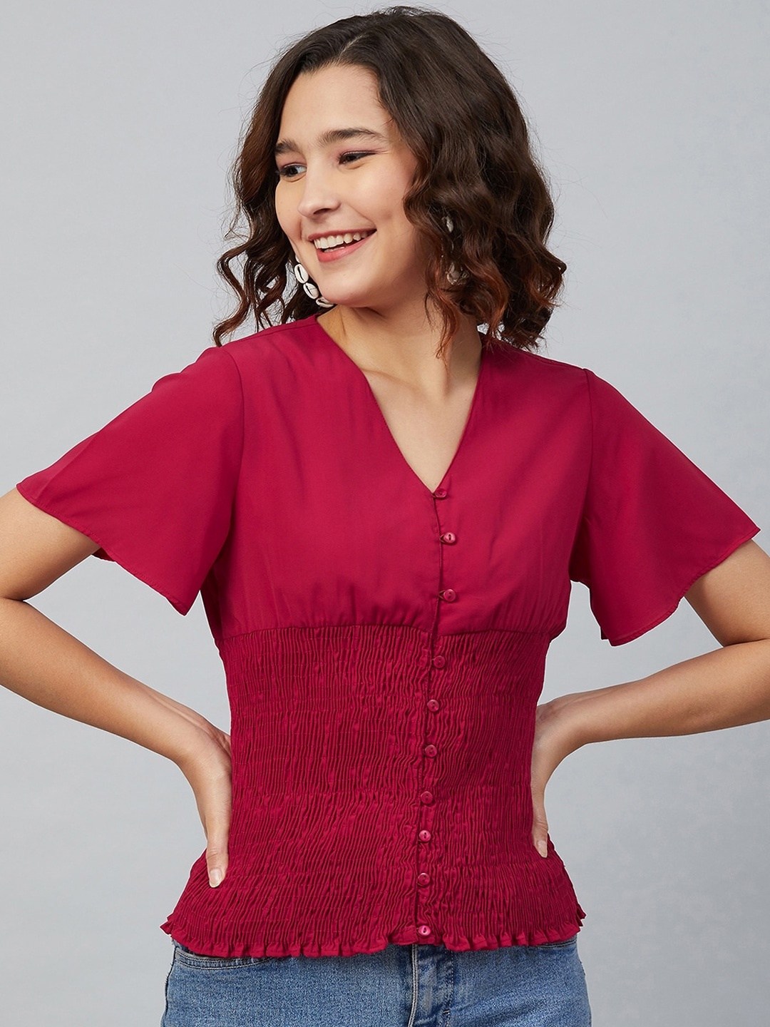 Carlton London Magenta Flared Sleeves Georgette Cinched Waist Top