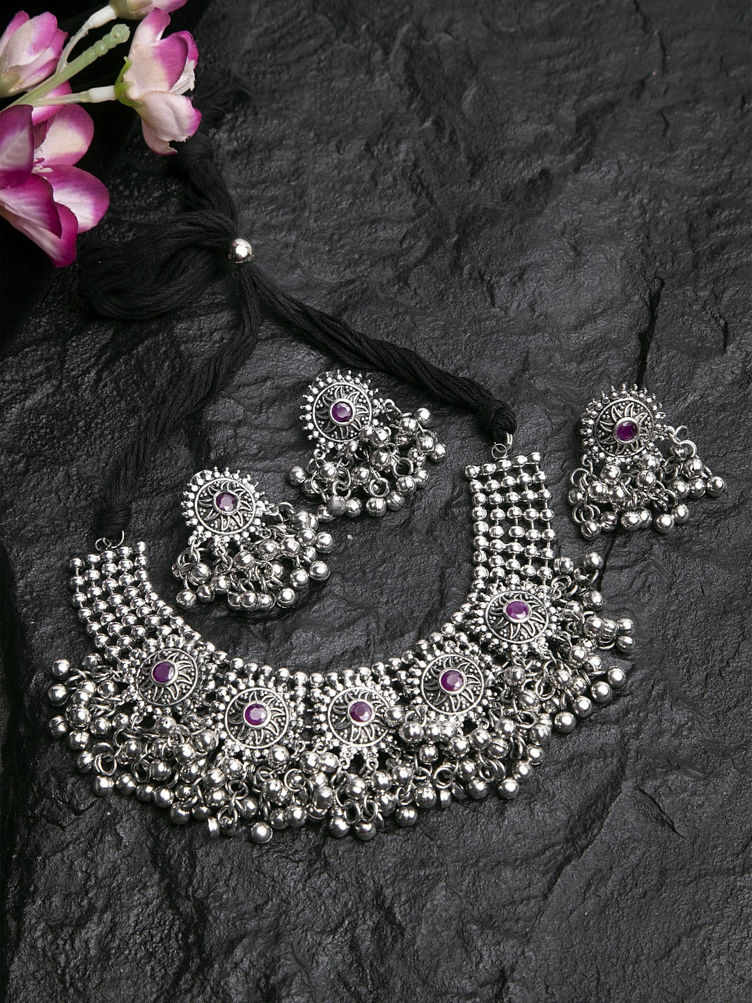 

Moedbuille Pink Stones & Ghungroo Studded Oxidised Silver Plated Handcrafted Jewelry Set with Ring