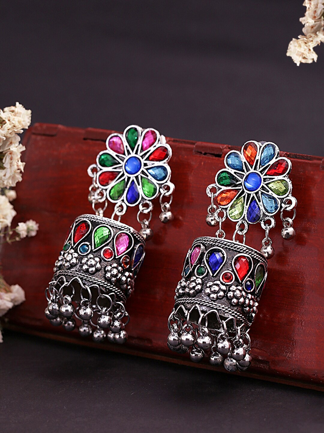 

Yellow Chimes Silver-Plated & Blue Light Weight Geometric Oxidised Jhumkas