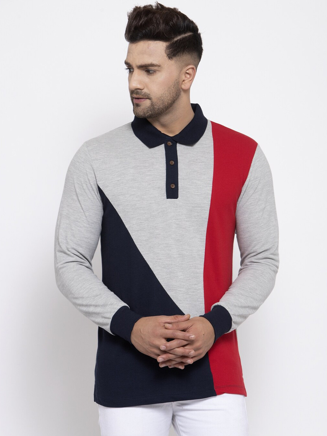 

Kalt Men Navy Blue Colourblocked Henley Neck T-shirt