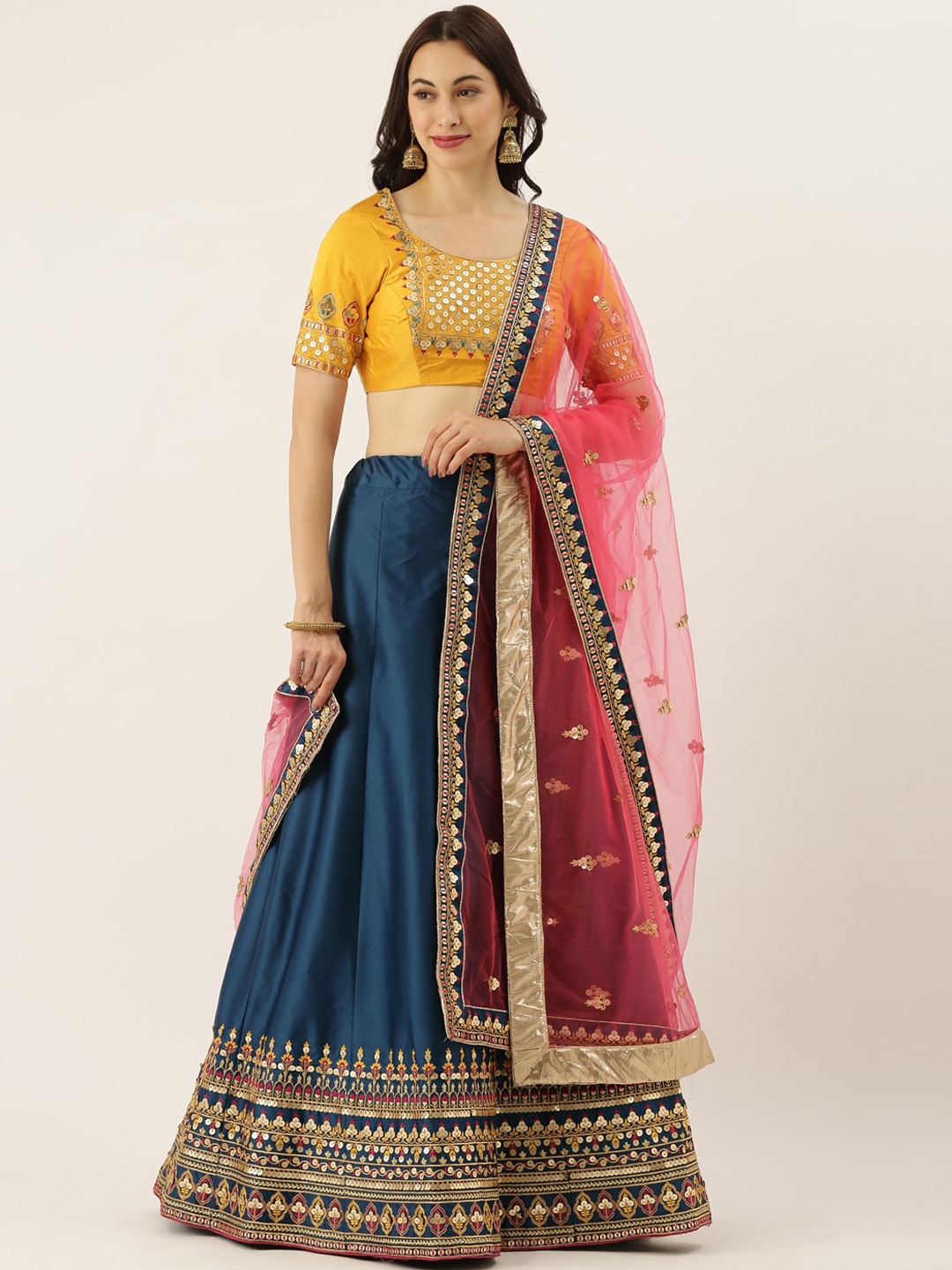 

panchhi Navy Blue & Yellow Embellished Semi-Stitched Lehenga & Unstitched Blouse with Dupatta