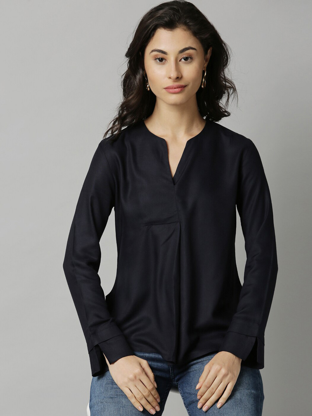 

RAREISM Women Navy Blue Solid Regular Top