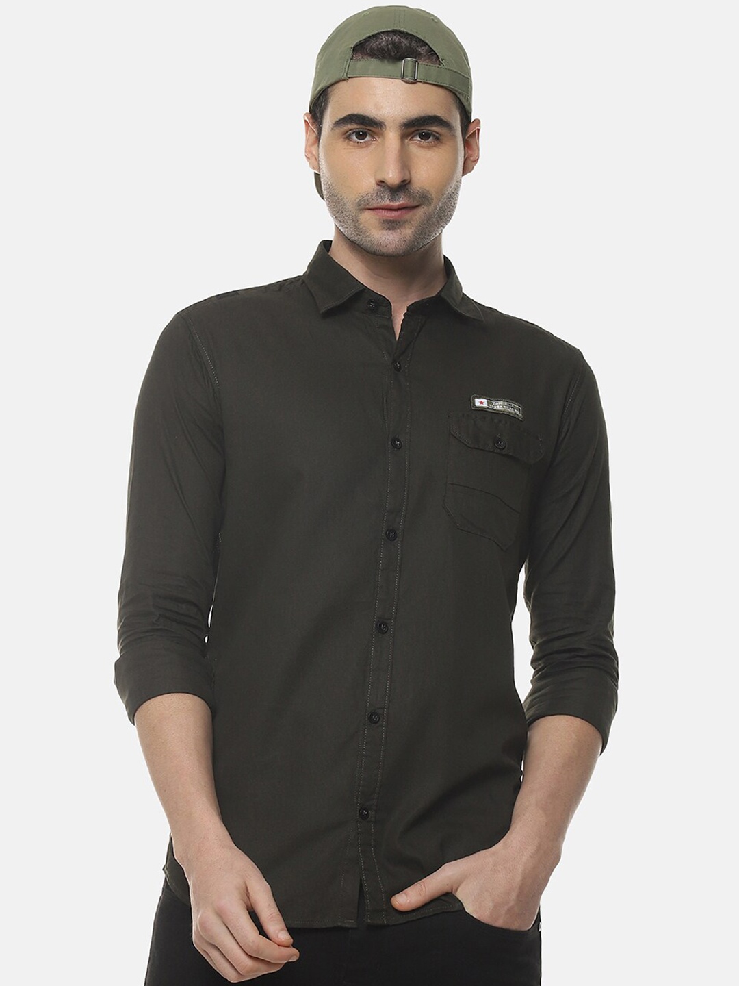 Campus Sutra Men Olive Green Regular Fit Solid Casual Shirt