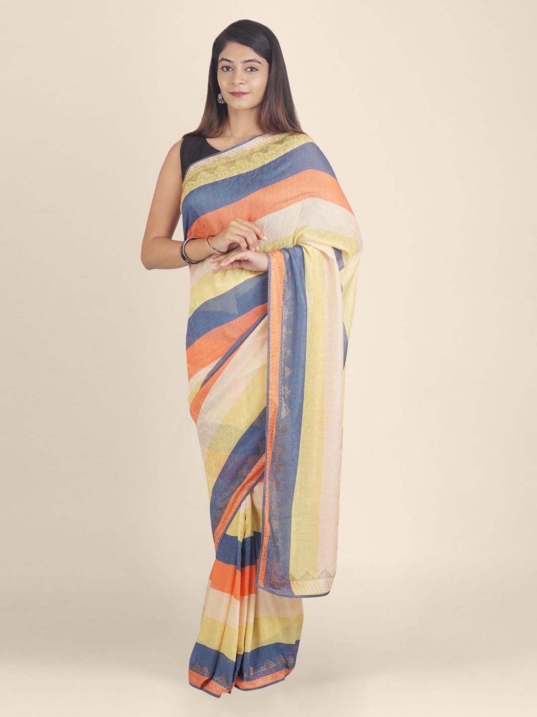 

KAJREE Multicoloured Satin Striped Block Print Handloom Saree, Multi