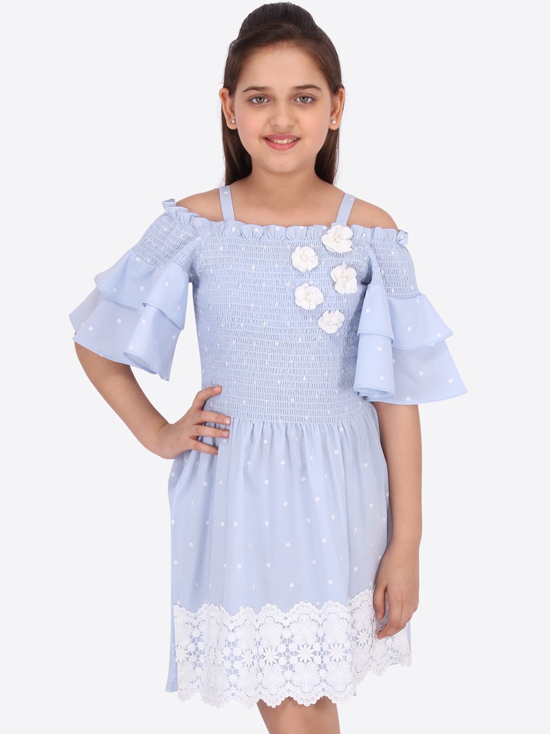 

CUTECUMBER Girls Blue & White Printed Fit and Flare Dress