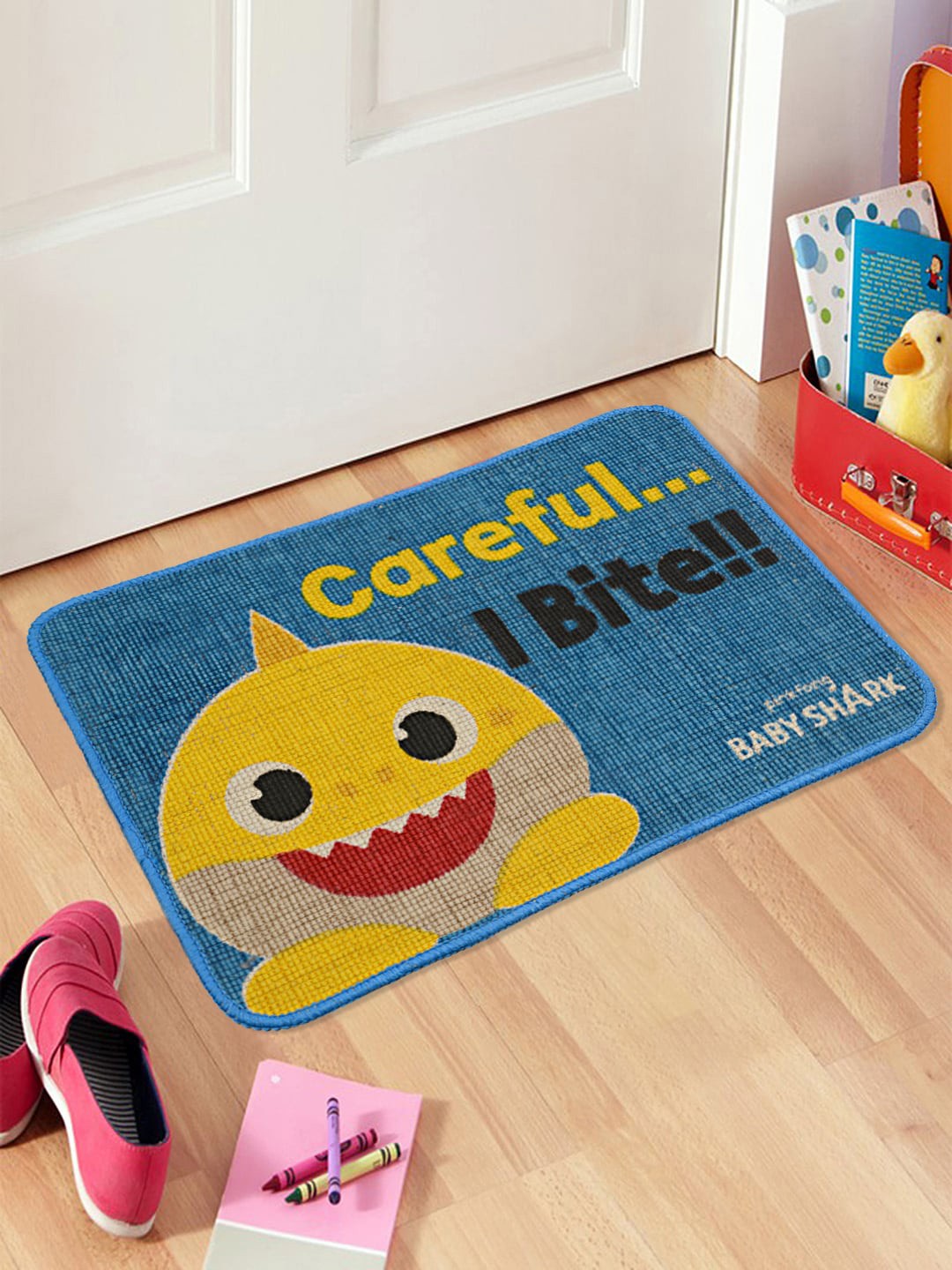

Saral Home Blue & Yellow Baby Shark Print Jute Anti Skid Rectangular Door Mat