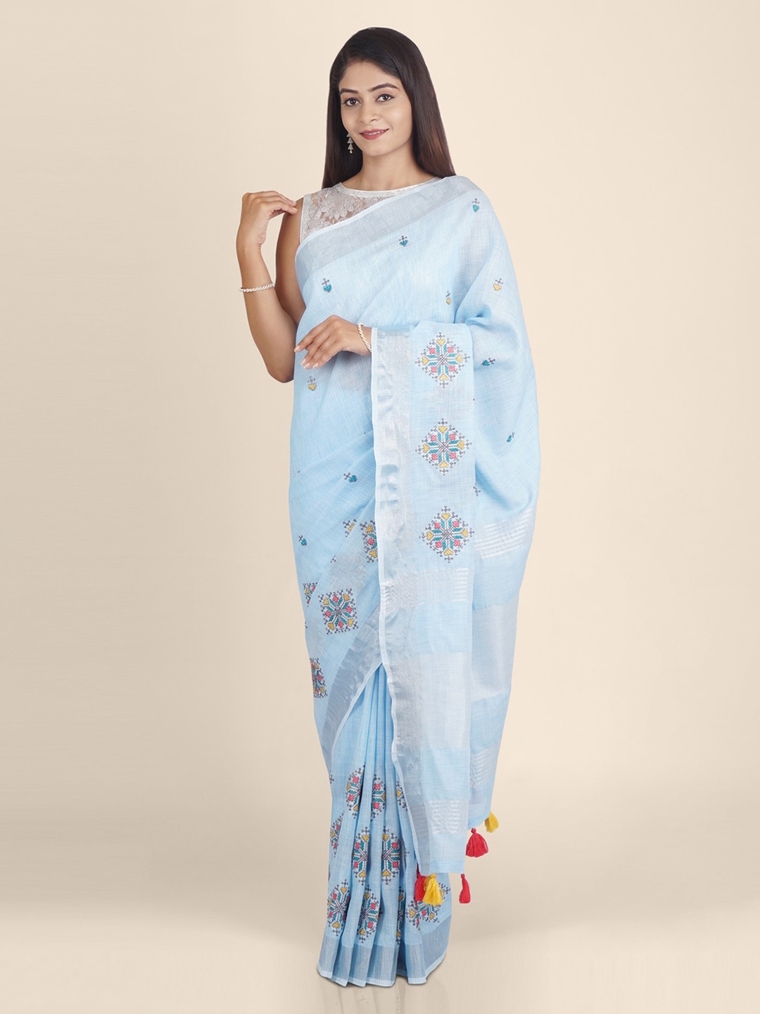 

KAJREE Blue Pure Linen Woven Design Baluchari Saree