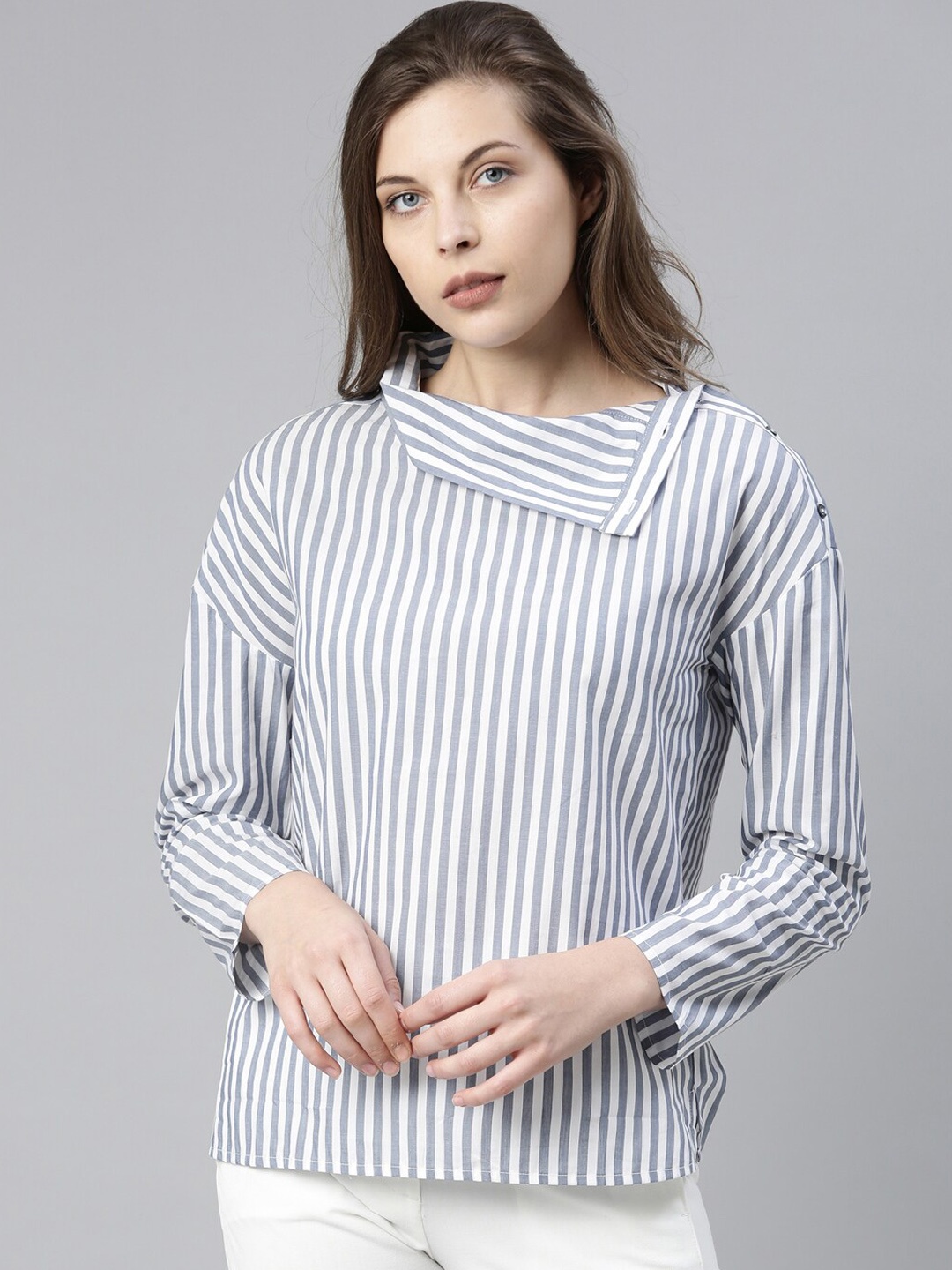 

Rareism Women Blue & White Striped Pure Cotton Regular Top