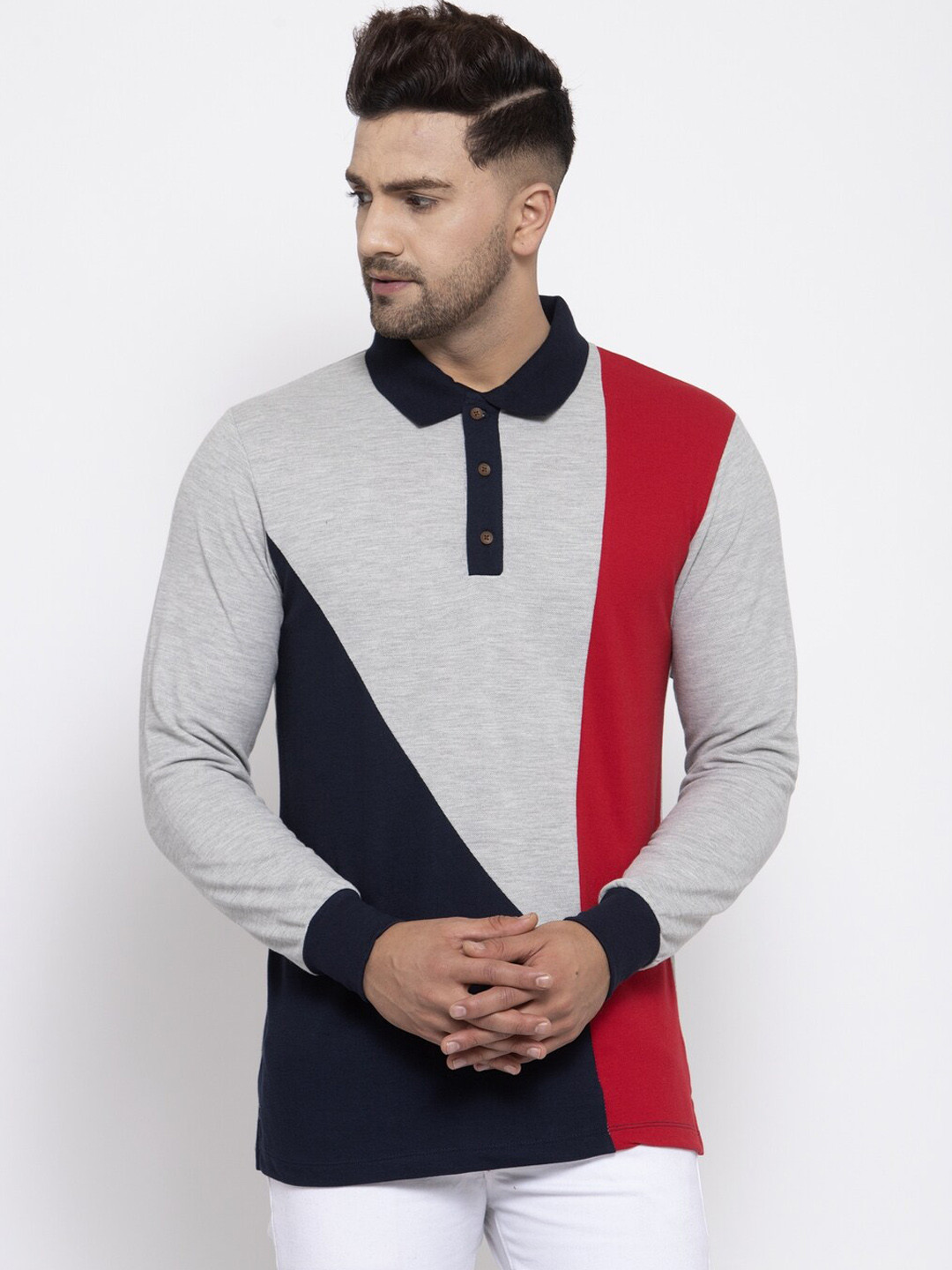 

Kalt Men Navy Blue Colourblocked Henley Neck T-shirt