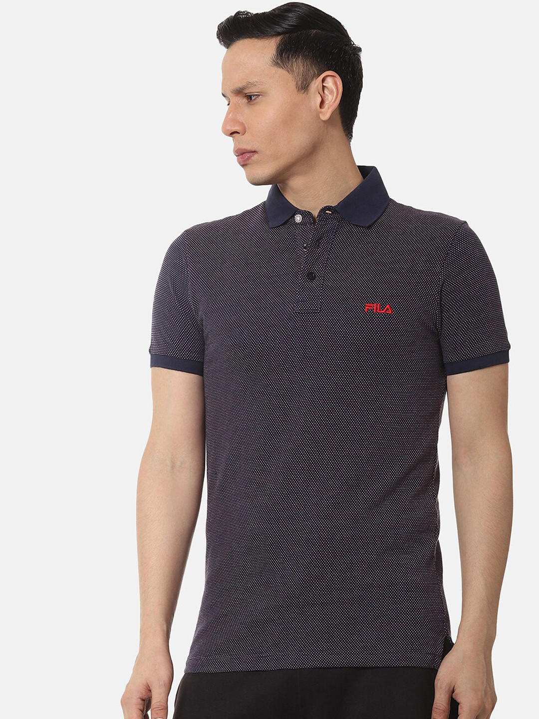 

FILA Men Navy Blue Self Design Polo Collar T-shirt