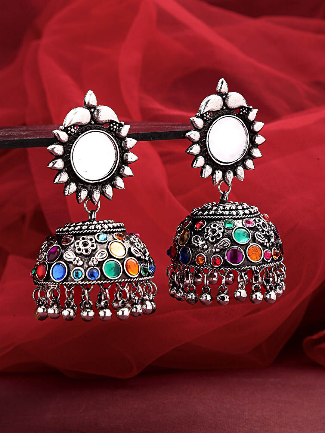 

Yellow Chimes Silver-Plated Oxidised Dome Shaped Jhumkas Earring