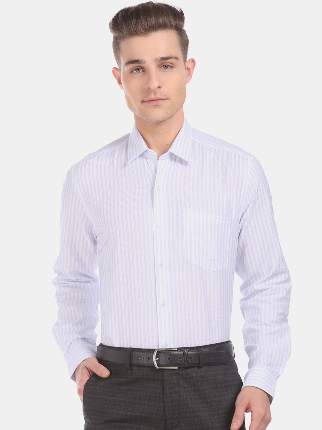 

Arrow New York Men White & Blue Slim Fit Self Design Cotton Formal Shirt