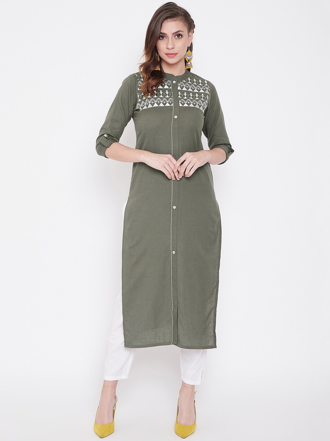 

Winered Women Grey Embroidered Cotton Straight Kurta