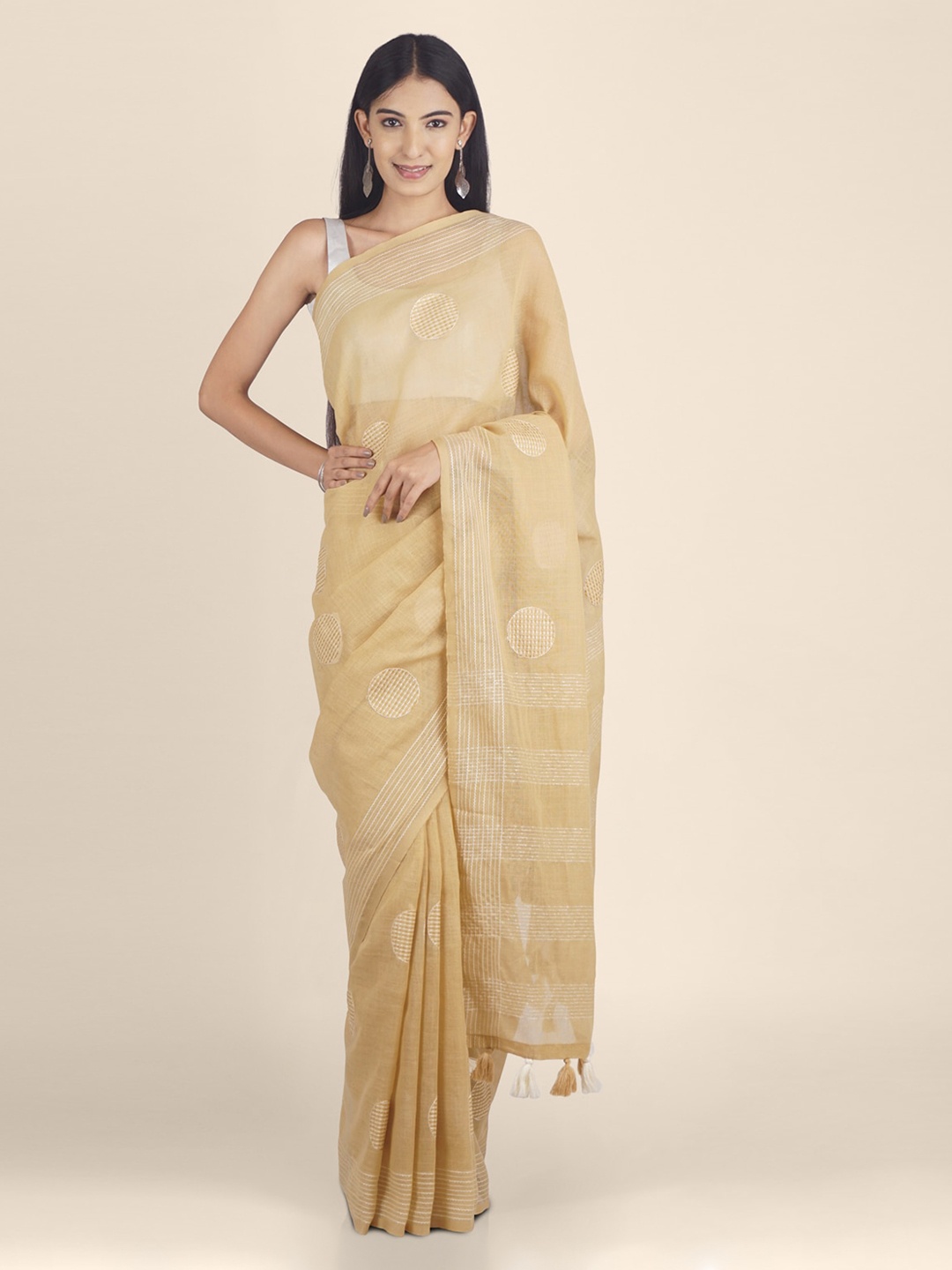 

KAJREE Yellow Pure Linen Woven Design Handloom Tussar Saree