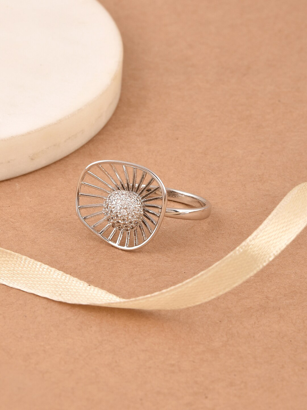 

Tistabene Rhodium-Plated Silver-Toned & White Stone-Studded Sustainable Cocktail Finger Ring