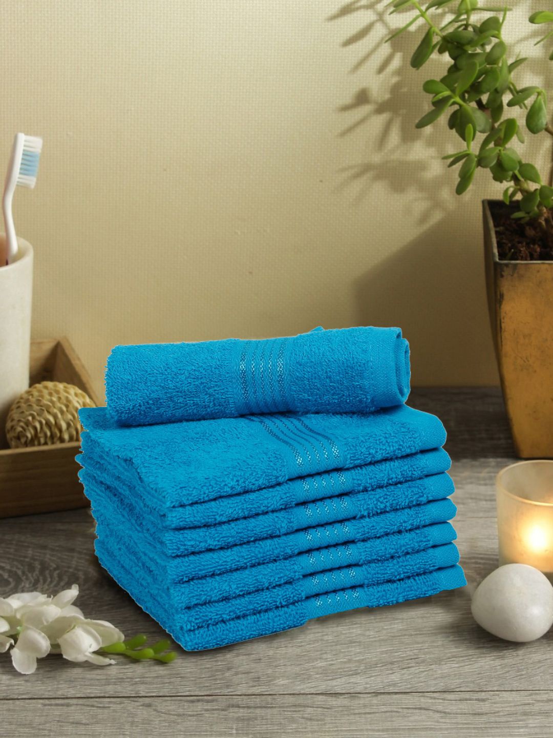 KOPA Set Of 8 Blue Solid 380 GSM Cotton Face Towels, Turquoise blue