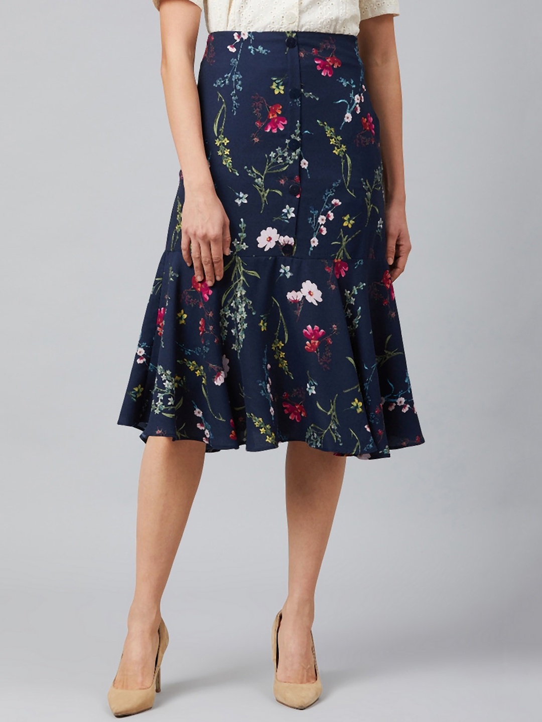 Marie Claire Women Blue & Pink Printed Flared Midi Skirt