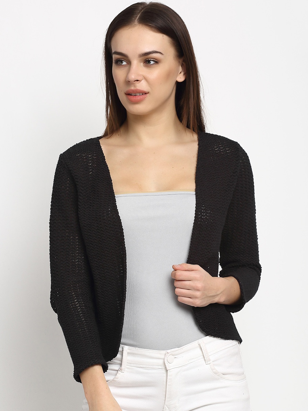 

Rute Women Black Self Design Open Front Shrug