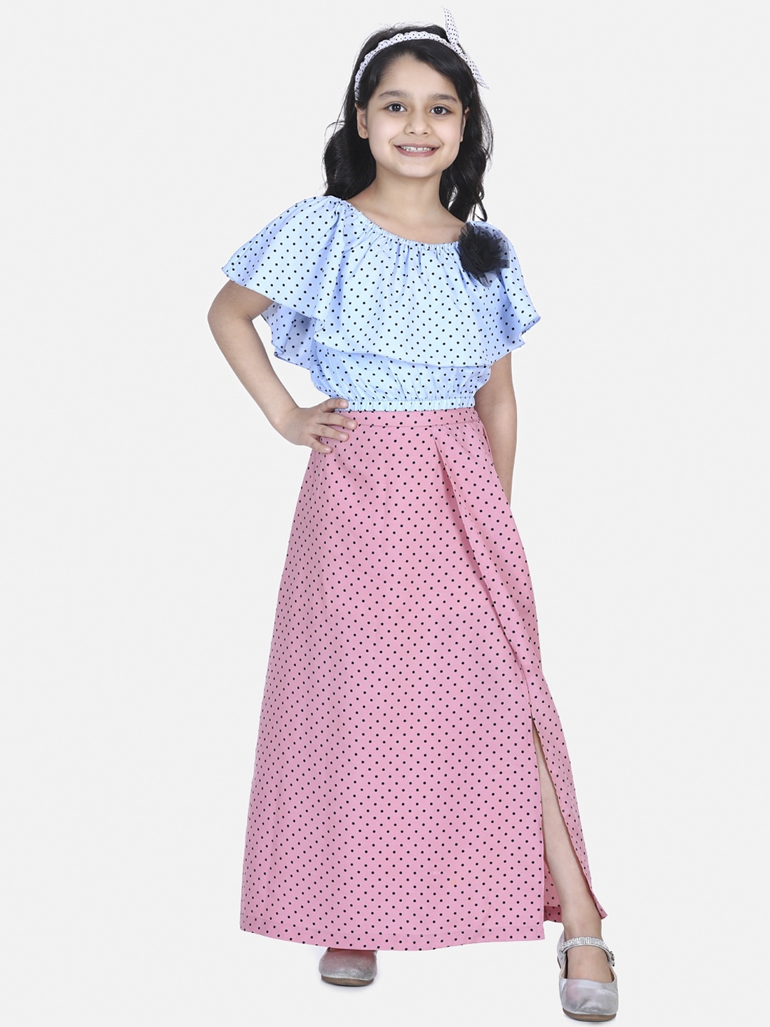 LilPicks Girls Blue & Pink Printed Top with Skirt