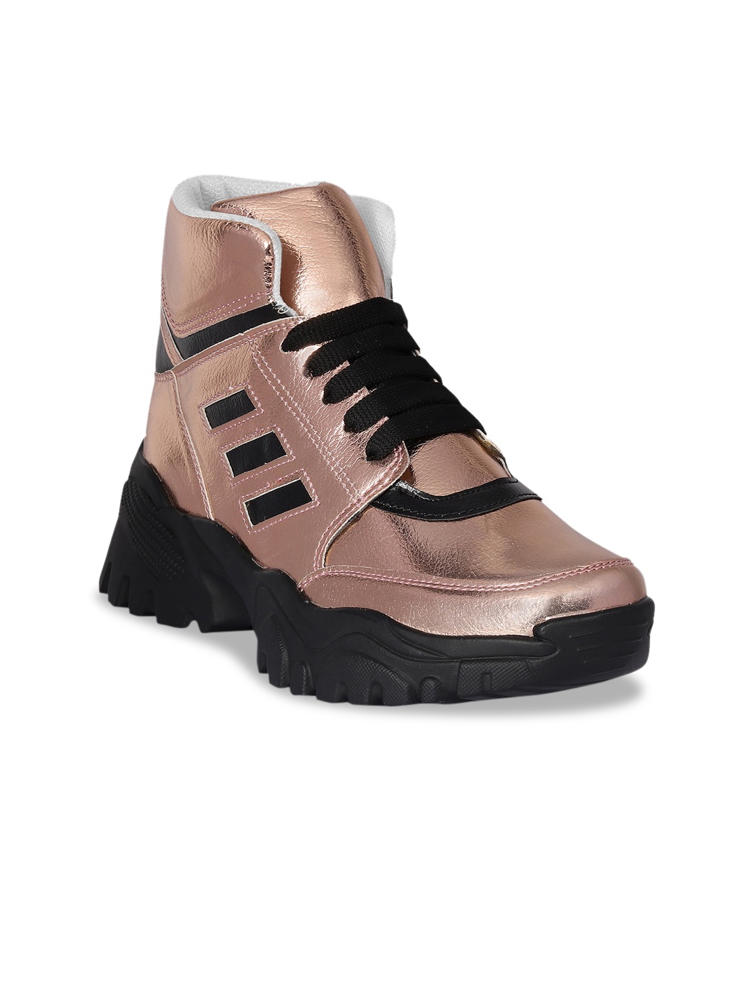 

Zapatoz Women Rose Gold & Black Colourblocked Pu Flat Boots