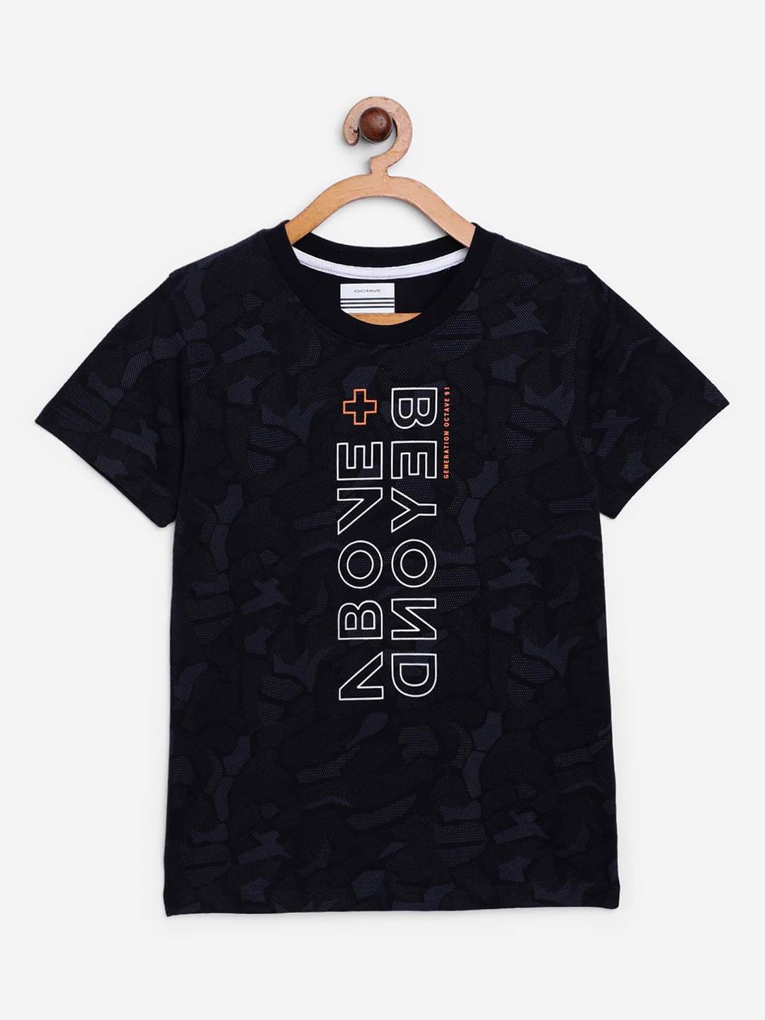 Octave Boys Navy Blue & Off-White Printed Round Neck T-shirt