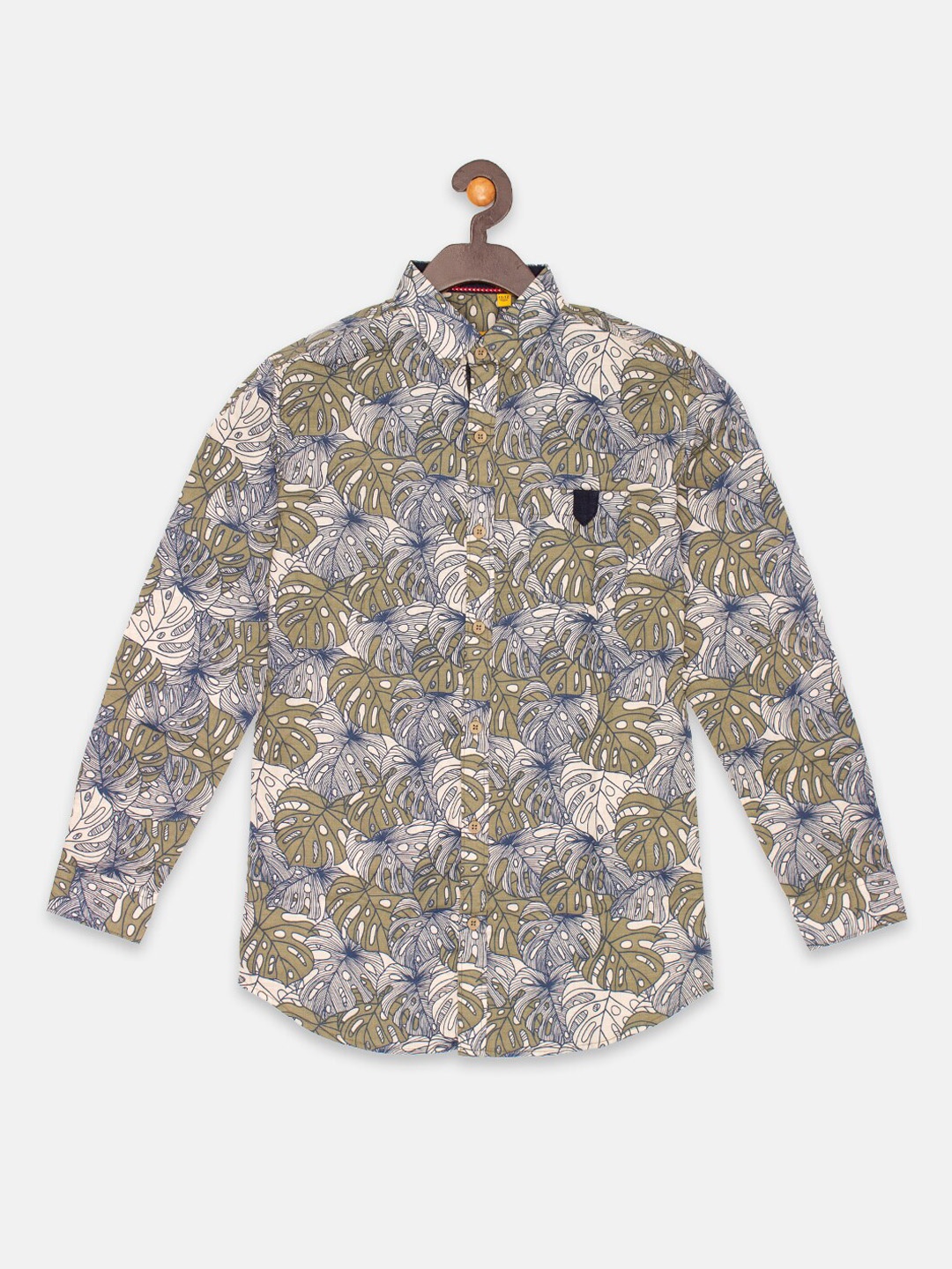 

Instafab Boys Olive Green & Navy Blue Tropical Printed Casual Shirt