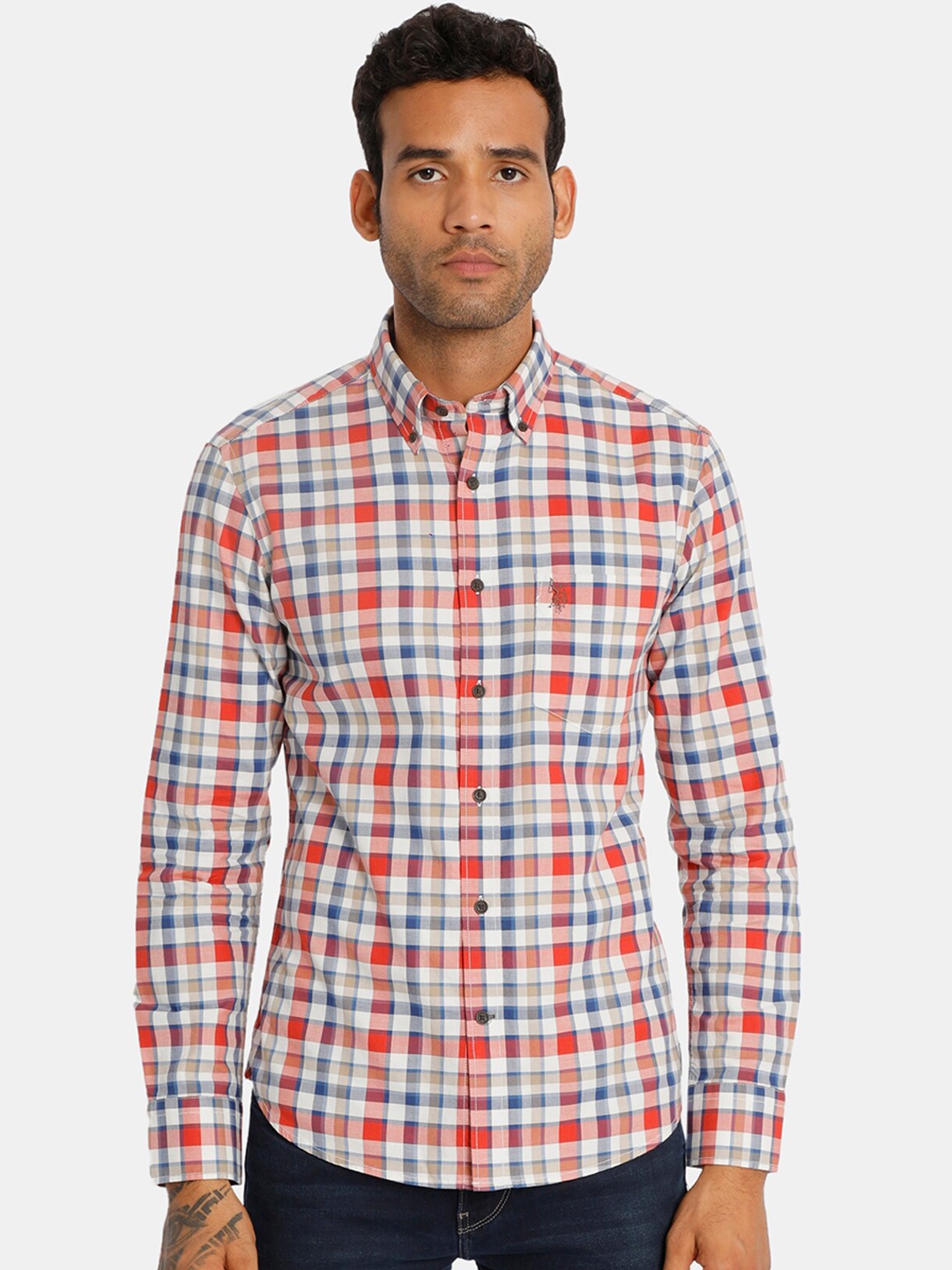 U.S. Polo Assn. Men White Regular Fit Checked Casual Shirt
